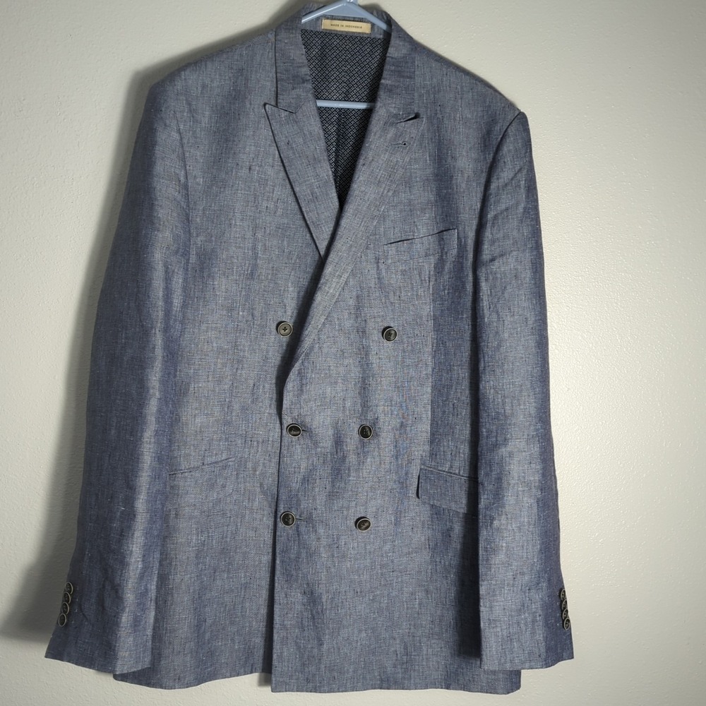 Joseph Abboud JOE Mens 44 XL Blue 100% Linen Double Breasted Slim Fit‎ Blazer